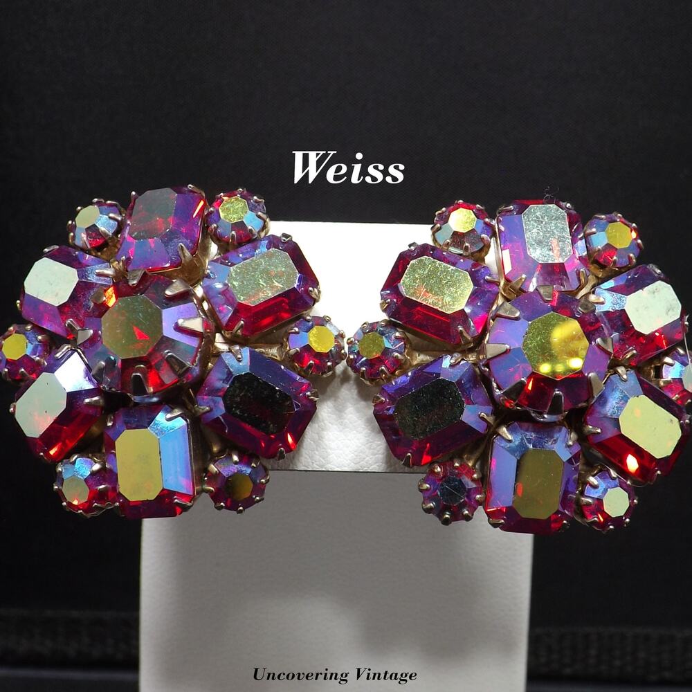 Weiss Red Aurora Borealis Floral Earrings, Gold Plated, 1950s Vintage Jewelry